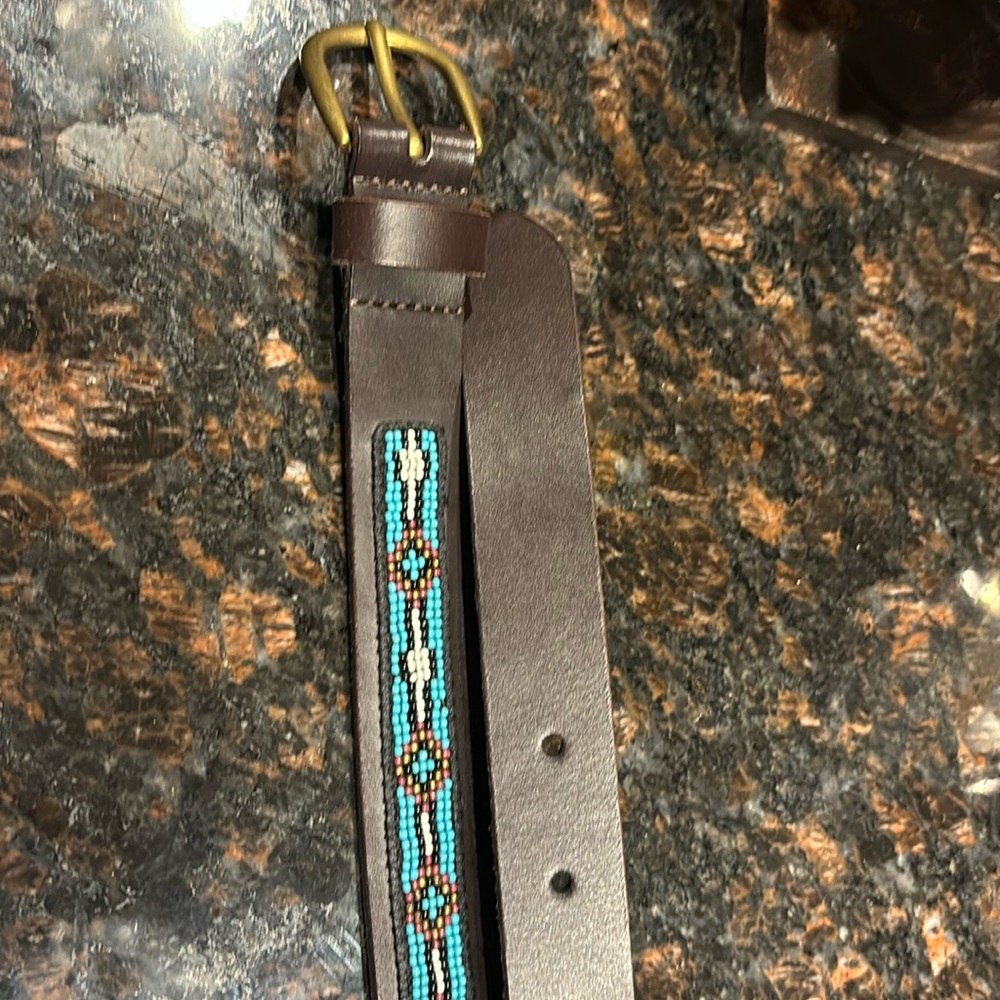 Lucky Brand Brown Leather Beaded Belt with Turquoise and Multicolor Accents NEW!